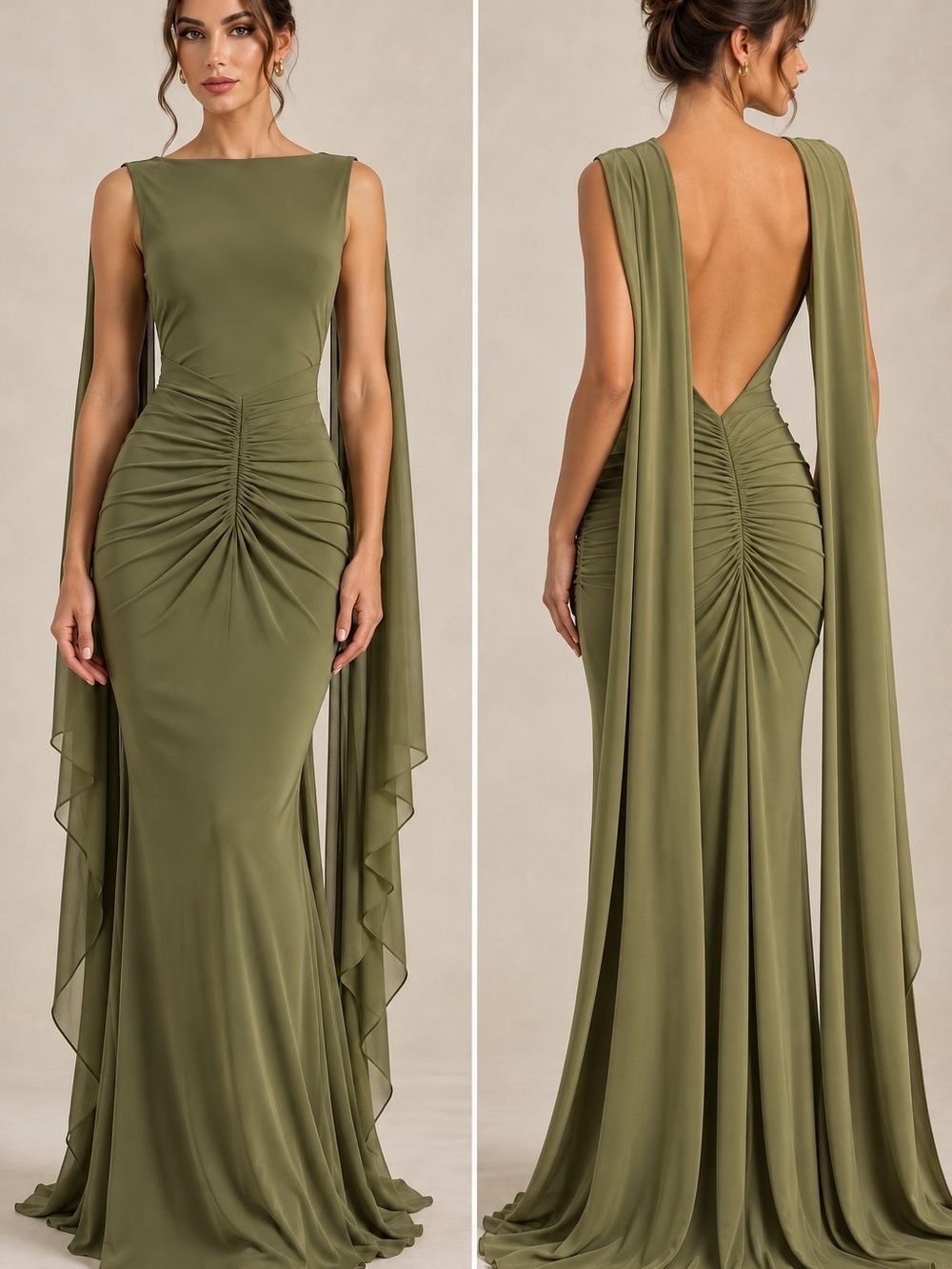 NWT Club L London Premiere Olive Cape Open Back Formal Maxi Gown US 6